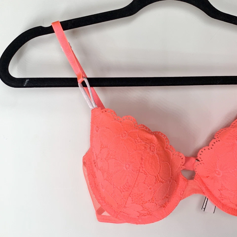 Victoria's Secret 32D Bra Florescent Orange Floral Lace Demi Lined Underwire - Image 2 of 4