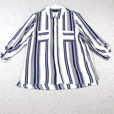 I.N. Studio Top Blouse Women's PXL Navy White Striped Button Up 3/4 Tab Sleeves