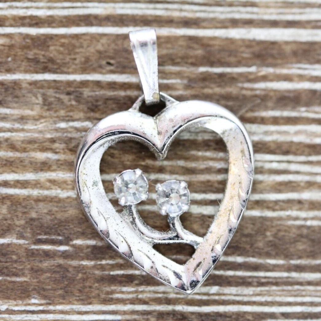 VINTAGE RETRO HEART RHINESTONE STERLING SILVER 925 SMALL PENDANT LAYER