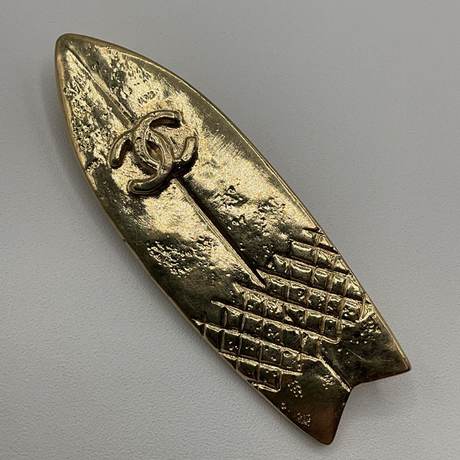 Chanel Gold Toned CC Logo Surfboard Brooch Pin Made in Italy