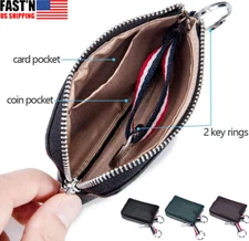 Mens Leather Coin Purse Change Pouch Wallet Zipper Card Holder with Key Chain US