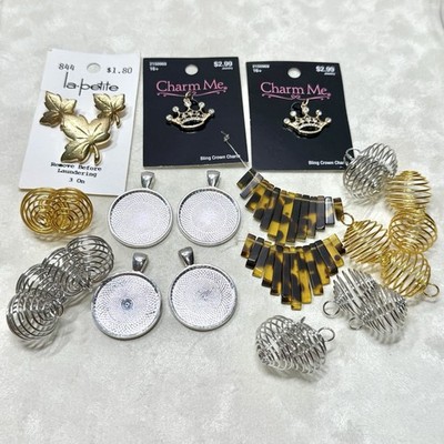 Mixed Pendant Charm Lot - Crown, Spiral Crystal Cage, Leaf Buttons, & Bezel Tray