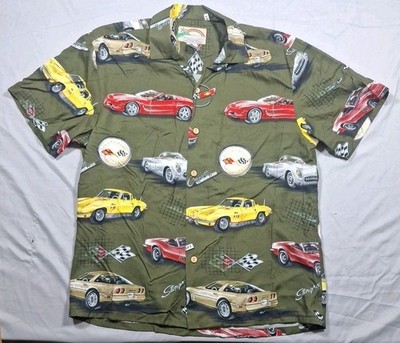Vintage Paradise Found Green AOP Hawaiian Shirt Medium Sting Ray Corvette Rayon 