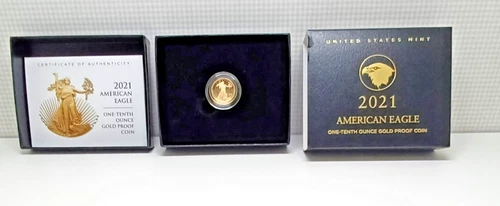 2021-W 1/10 oz Coin, Gold, Proof, American Eagle Type 2, COA, OGP.