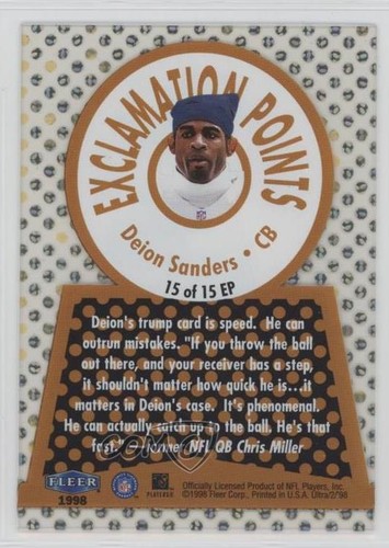 1998 Ultra Exclamation Points Deion Sanders #15EP HOF - Picture 2 of 3