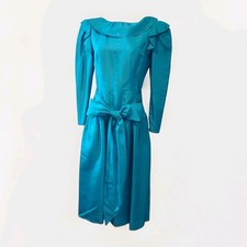 Halston III Dress Vintage Teal Blue Formal Midi Drop Waist Wide Sash Sz 8 LN
