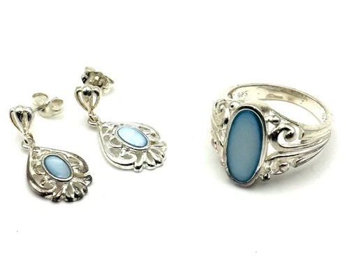 Vintage AVON 925 Sterling Silver Denim Blue Mother of Pearl Ring & Earrings