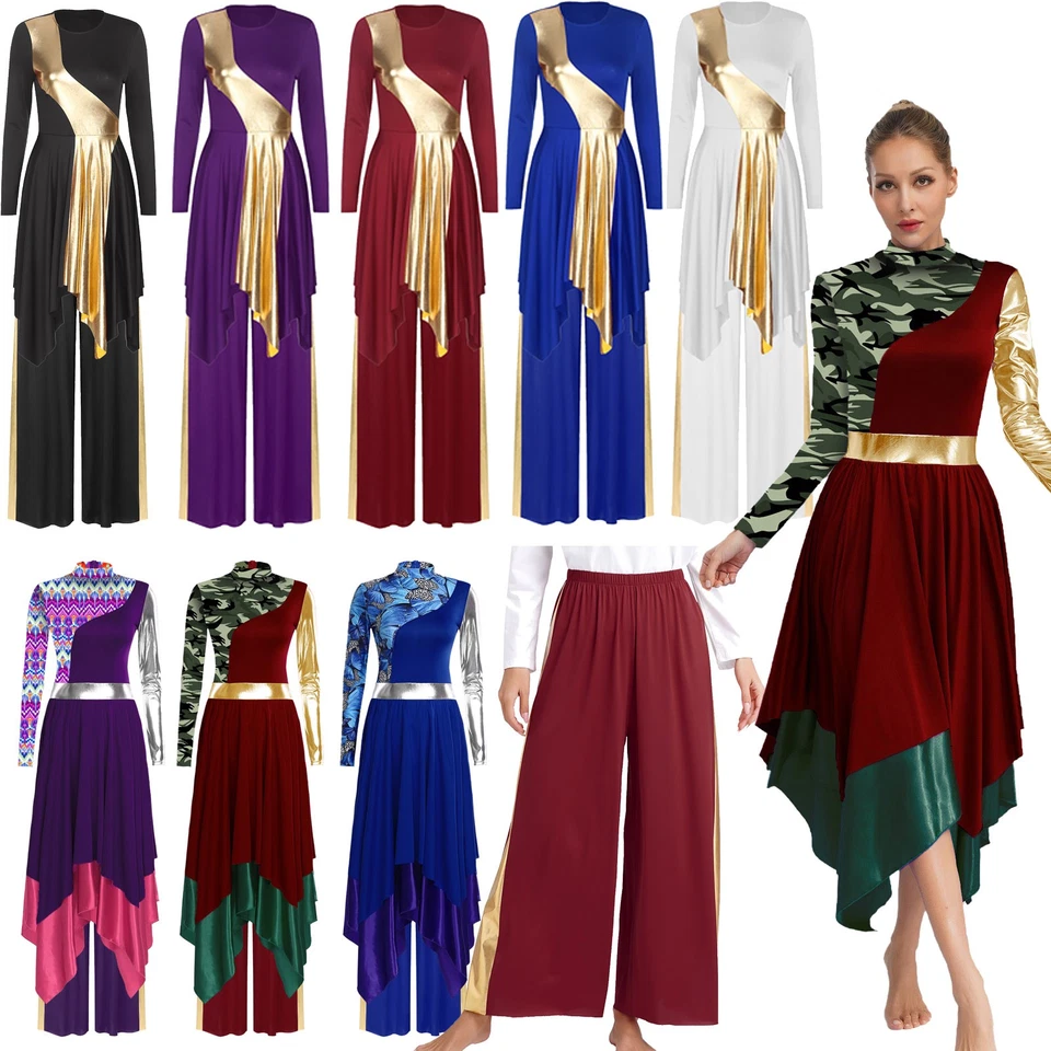 US~Women Praise Dance Dress+Pants Metallic Swing Liturgical Worship Church Robe - Image 2 of 2