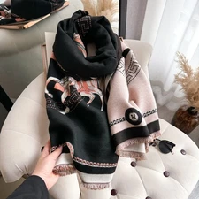 Luxury Oversized Shawl Blanket Scarf Black Pink Coral Horse Chain Print Fringed