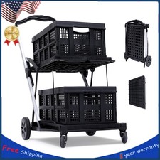 Shopping Cart With 2 Storage Crate Multi Use Functional Collapsible Carts Black
