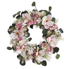 Nearly Natural Artificial Wreath 20"Dia Hydrangea Magnolia Pink Silk Flowers