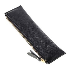 Genuine Leather Pencil Case - Zippered Pen Case Stationery Bag Zipper Black