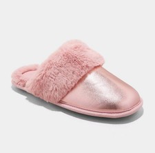 Auden Rae Pink Metallic Scuff Slippers Medium 7/8 Indoor/Outdoor Faux Fur Lined