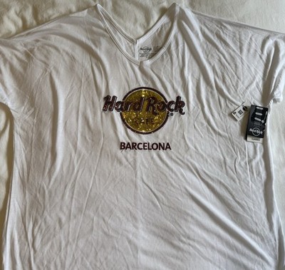 Ladies White Sequin Hard Rock T-Shirt Barcelona Size XL New with Tags Authentic