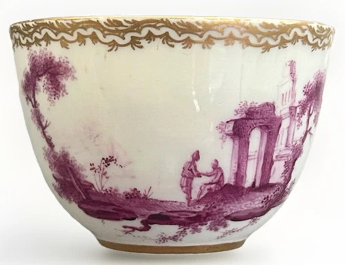 OUDE LOOSDRECHT RARE FIDELLE DUVIVIER PAINTED TEA BOWL - RUINS & FIGURES C1775