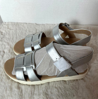 Dr Scholls Take Five Ankle Strap Sandals Womens 9.5 Silver Buckle Summer Boho