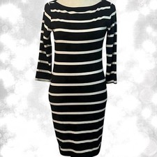 Boho aesthetic black and white striped 3/4 sleeve midi bodycon dress