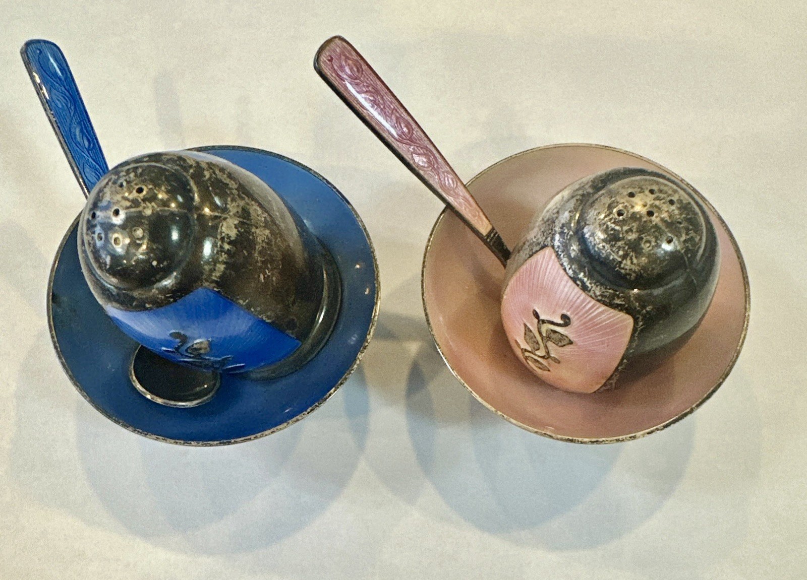 Vintage Danish Sterling Silver Enameled Salt and Pepper Set