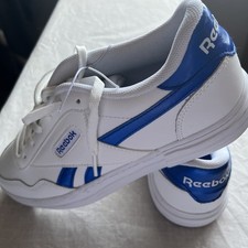 reebok classic white leather sneakers with royal blue logo