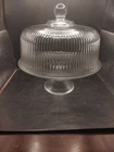 Vtg Anchor Hocking Monaco Clear Ribbed Glass Pedestal Cake Plate & Dome
