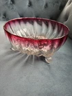 Vintage Cranberry Flash Glass Footed Bowl Candy Dish Red Clear Depression Style