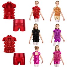 Girls Outfit Sparkly Set Mock Neck Top Shorts Multi-Tier Two Piece Ruffle