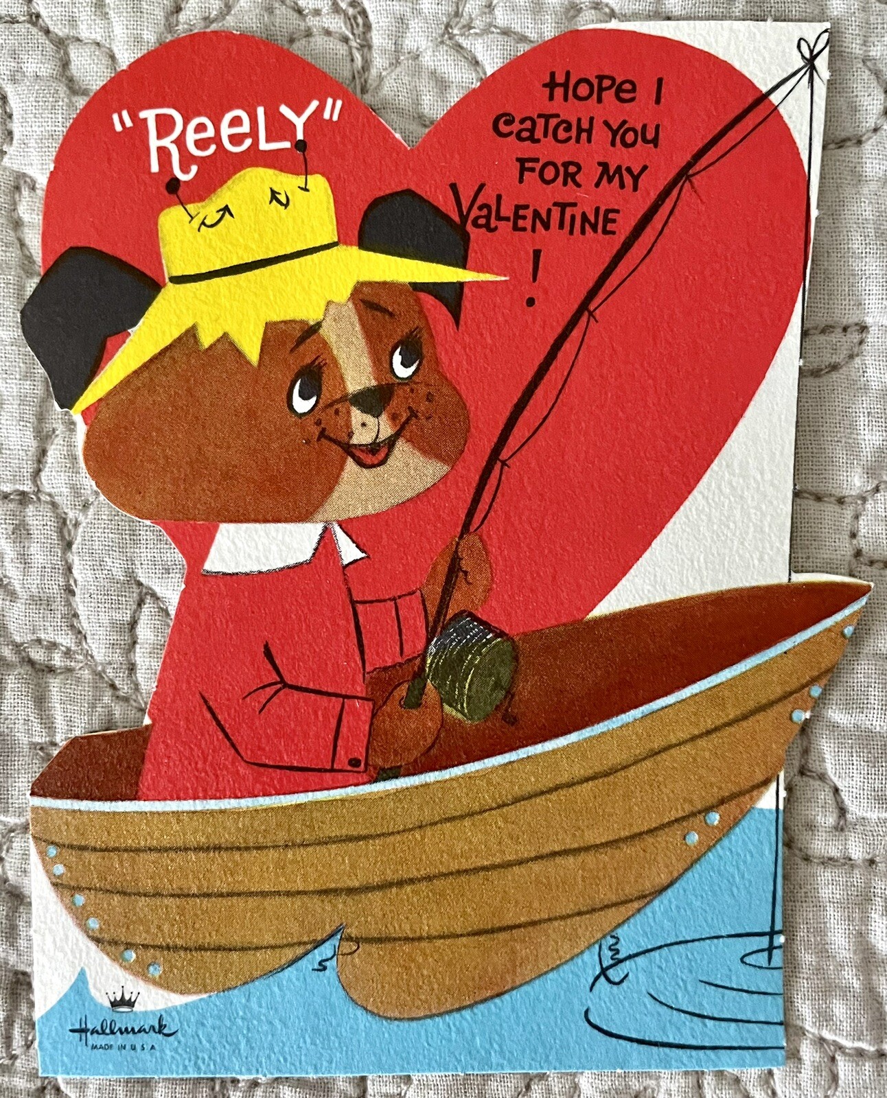 Unused Valentine Dog Puppy Fish Boat Fishing Pole Vtg Greeting Card 1950s 1960s