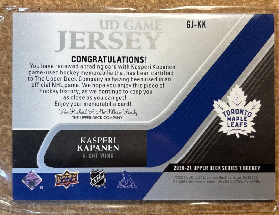 2020-21 Upper Deck UD Game Jersey Kasperi Kapanen #GJ-KK - Image 2 of 2