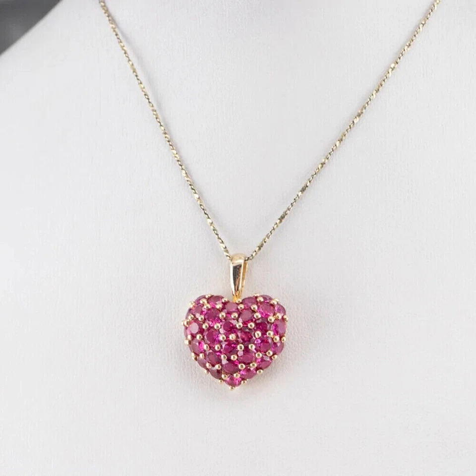 3Ct Round Cut Natural Ruby Cluster Heart Pendant Necklace Solid 14K Yellow Gold - Image 4 of 4