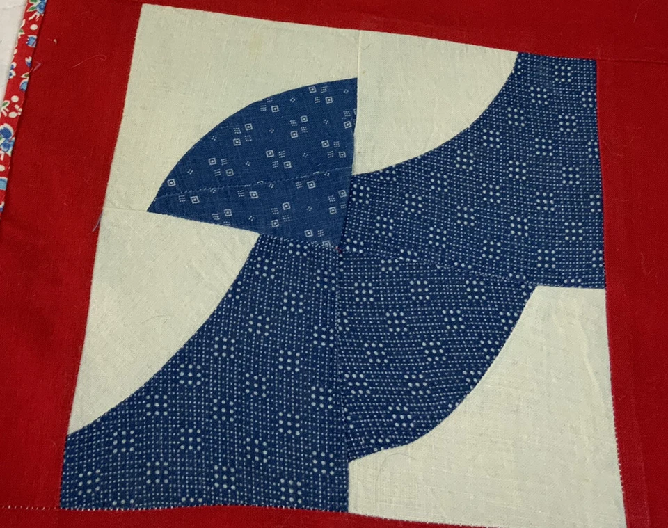 Vintage Patchwork Quilt Table Topper, Drunkards Path, Early 1900’s, Calicos Blue - Image 2 of 4