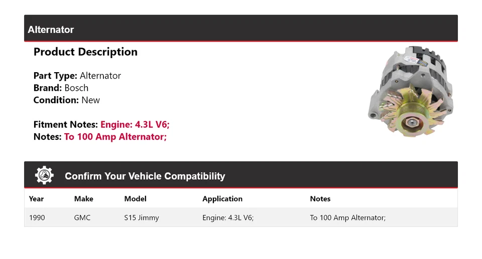 Alternador Bosch GMC S15 Jimmy 1990 4,3 L V6 (nuevo) Foto 2 de 4