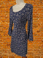 BODEN UK 12 R NAVY BIRD PRINT 3/4 FLARE SLEEVE SCOOP NECK FIT & FLARE MINI DRESS