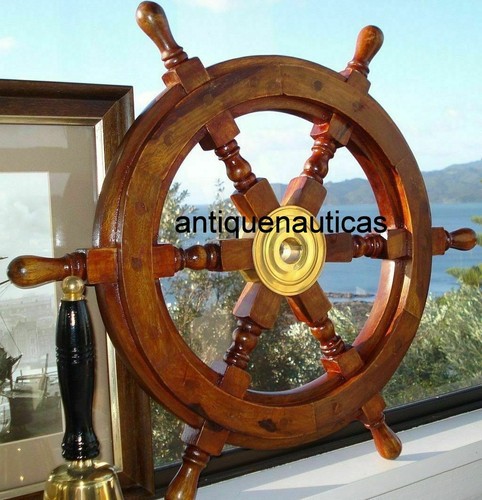 24" Nautical Wooden Boat Ship Large Wooden Steering Wheel Nautical Wall Decor - Picture 1 of 3