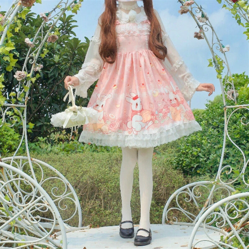 Girls Lolita Dress Lace Frill Bow Jumper Skirt Cute JSK Kawaii