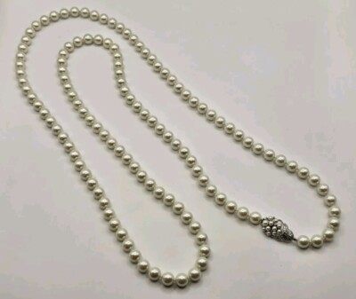 Brooks Brothers Sterling Silver Pave Clasp Faux Pearl Necklace Large Vintage