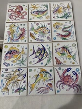 12 individual ceramic tiles F. Marazzi Sassuilo hand painted in Italy