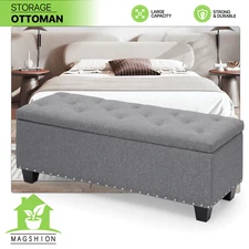 42" Grey Storage Bench Lift Top Tufted Poufs Ottoman Upholstered Seat Footstool