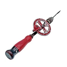 Antique Hand Crank Drill Tool & Bit Egg Beater Style Red Wood Works Great
