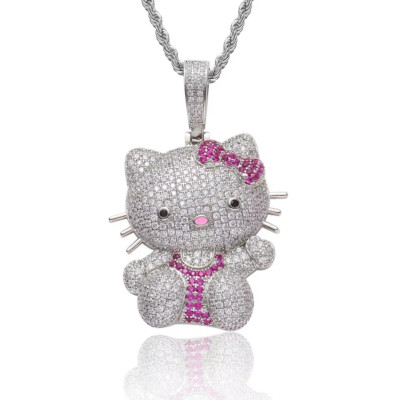 2.20Ct Round Cut Moissanite Men's Custom Kitty Cat Pendant 14K White Gold Plated