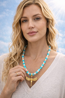 Winged Goddess Pendant Necklace Turquoise & White Beaded Necklace Spiritual Jewe