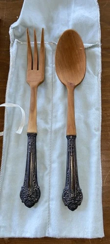 VINTAGE SILVER WALLACE SERVING FORK & SPOON SET STERLING HANDLES ON WOOD 1950