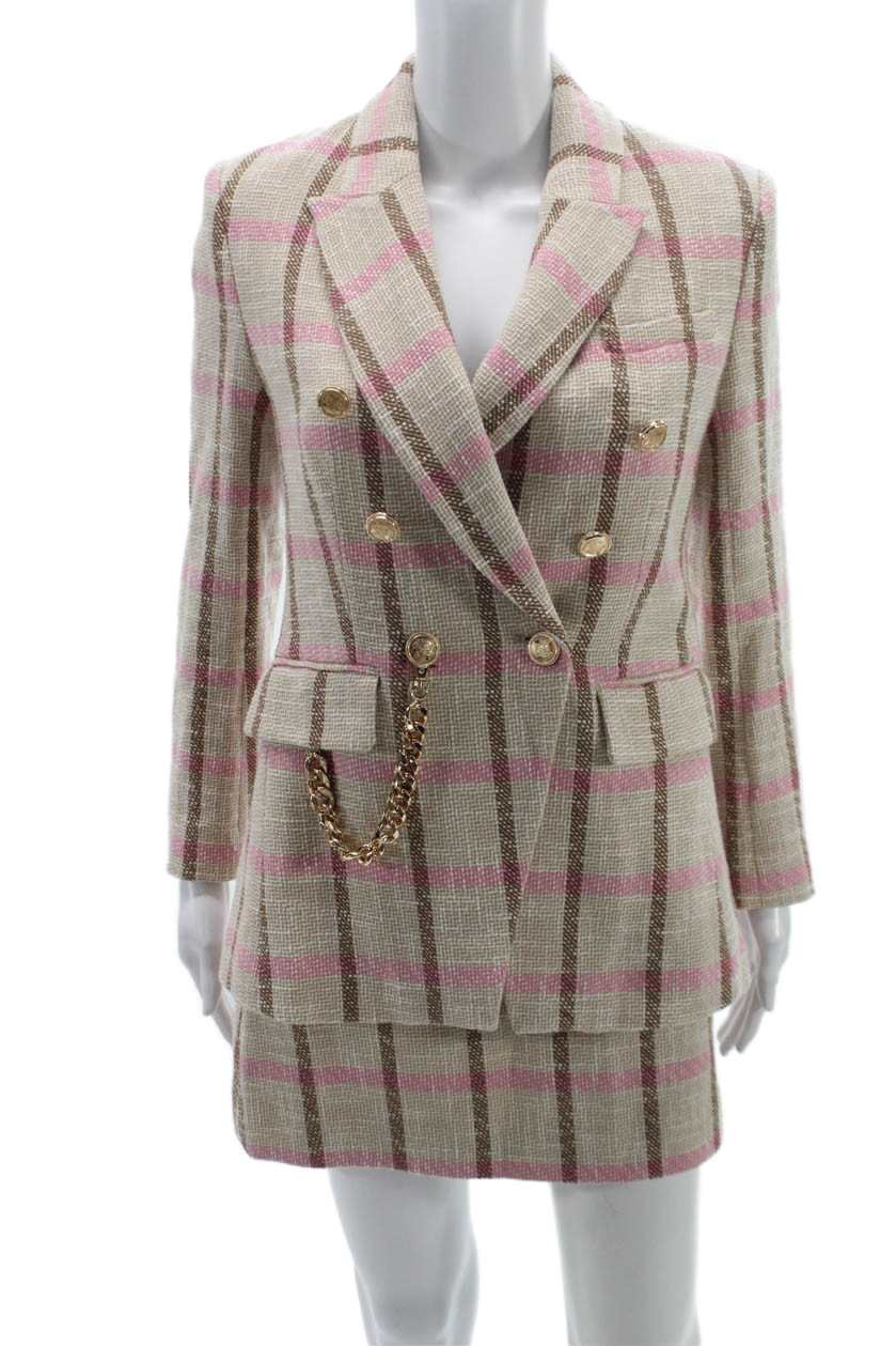 Toccin Women Skirt Suit Beige Plaid Cotton Long Sleeve Button Size 2Free Shipping in US $100+ Orders | $6.95 Orders Below