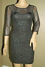 NWT ONE CLOTHING S BLACK SHEER TEXTURED 3/4 SLEEVE BODYCON STRETCH SHORT DRESS