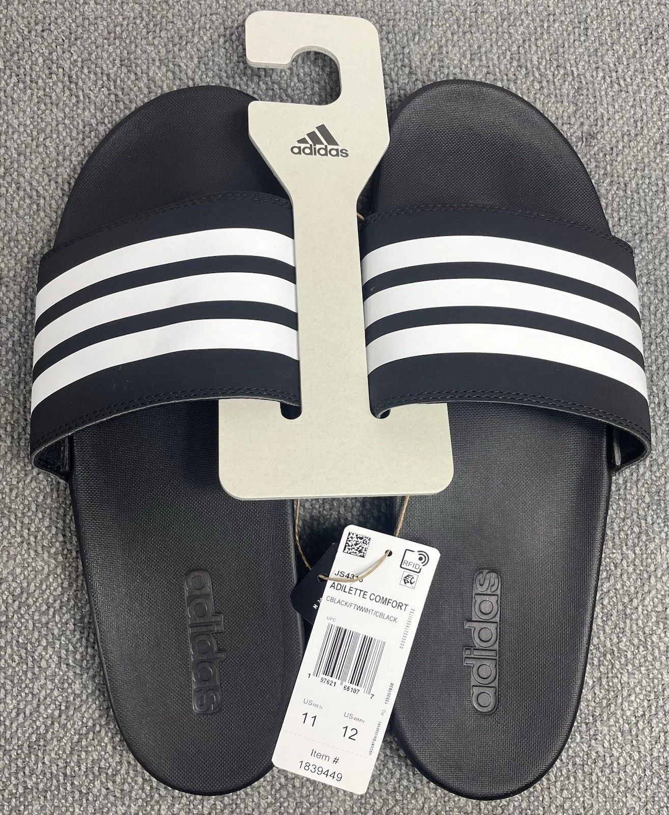 Adidas Adilette Comfort Slide Uomo Taglie 11 O 12 Righe Bianco e Nero Nuovo con etichette