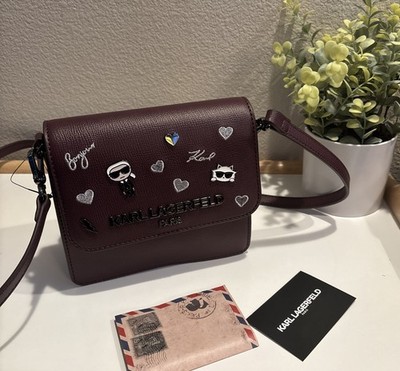 Karl Lagerfeld ANNETTE Dark Red Clutch Crossbody Bag Cat Choupette Hearts Slim