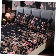 3pcs Black Floral Bed Sheet,Microfiber Flower Bedding Sheet Queen Black-floral