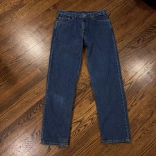 Vintage Levi’s 550 Relaxed Fit Dark Wash Denim Jeans 35” w 32” ins Made in USA