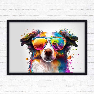 Wandbild gerahmtes Bild Druck Hund mit Sonnenbrille leuchtende Farben Landschaft