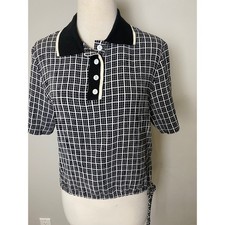 Vintage Taurus II Black White Grid Polo Top Drawstring Waist 80s 90s Made in USA