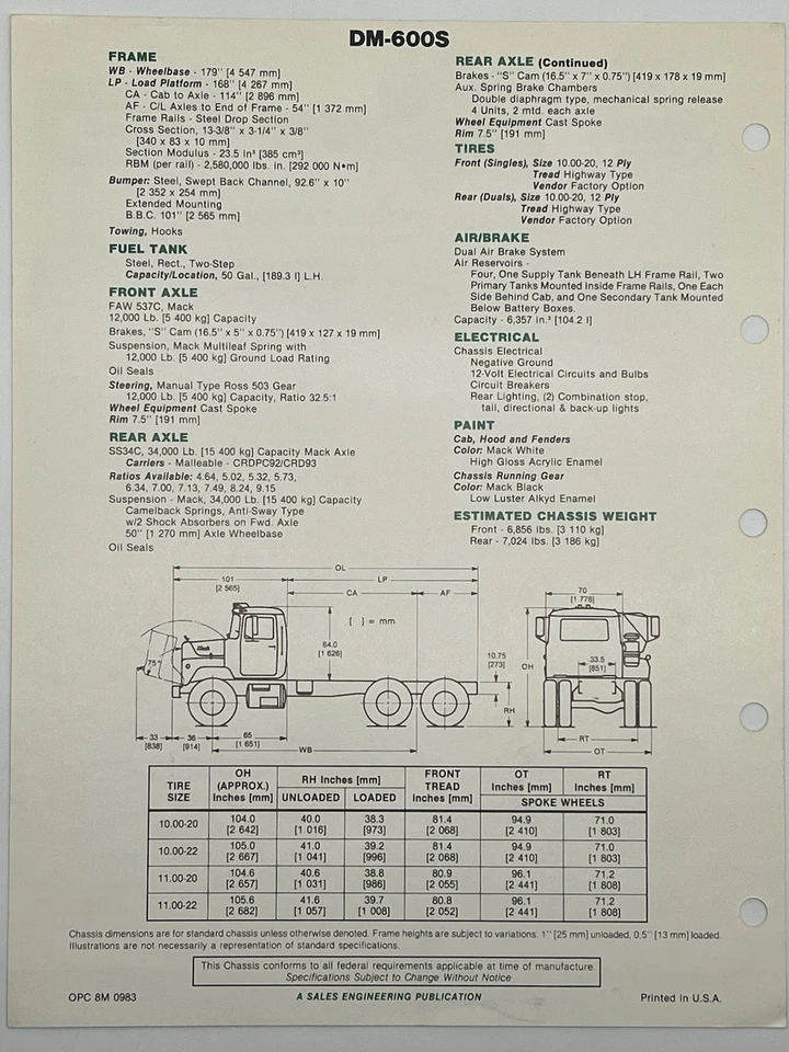 1983 MACK DM-600S Diesel Tractor Truck Specifications Equipment Diagram Brochure - Image 2 of 2